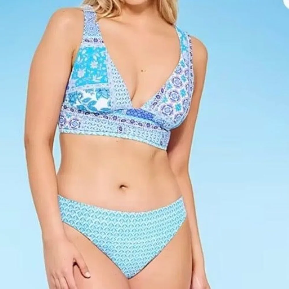 Mynah  NWT Sz L Blue Midkini  & Hipster Mid-Rise Bottom Reversible Swimsuit Set